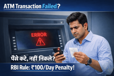 Worried man at ATM looking at slip with text overlay about ATM transaction failed and RBI penalty rule.