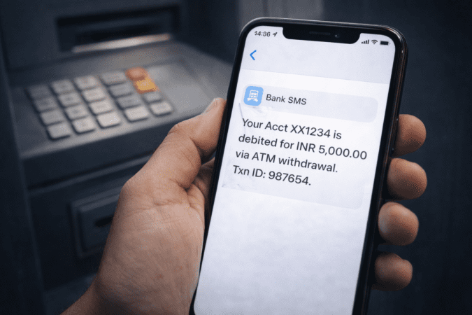 Close-up of smartphone screen showing bank debit SMS after failed ATM withdrawal