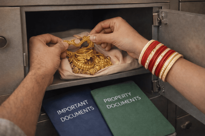 Storing valuables and documents in a bank locker for security after marriage.