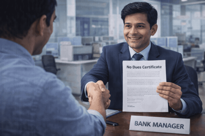Customer receiving No Dues Certificate (NOC) from bank manager to remove settled status.