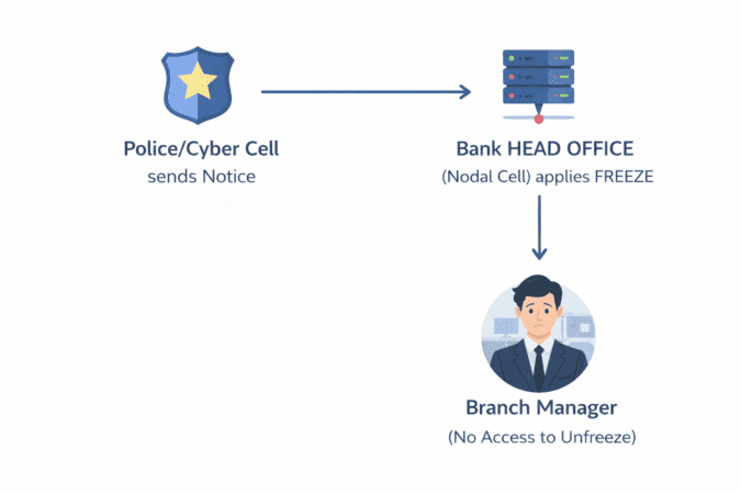 bank-nodal-cell-vs-branch-freeze-process-diagram Diagram showing how Police sends notice to Bank Head Office (Nodal Cell) to freeze account, not the branch manager.