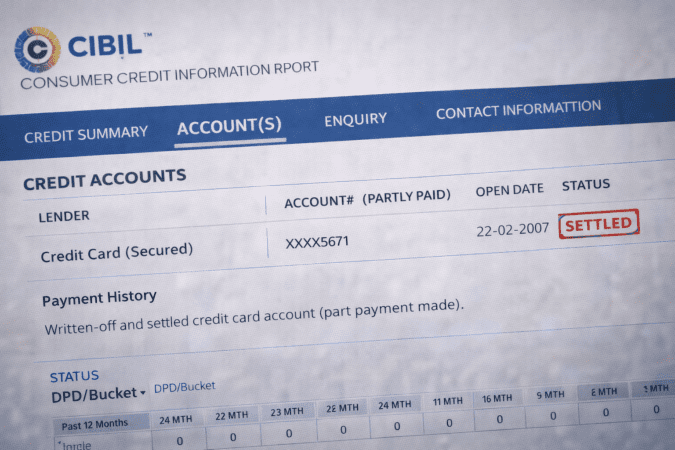 A close-up view of a CIBIL credit report with a finger pointing to a personal loan entry marked as 'SETTLED' status.