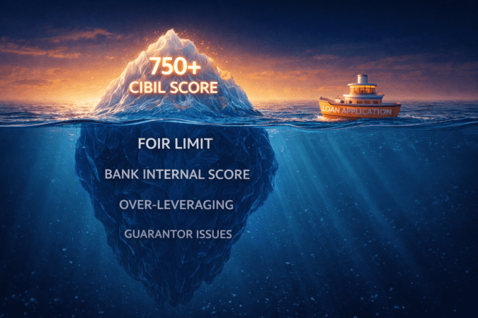 Loan Reject होने के छिपे हुए कारण (जैसे FOIR और Internal Score) को दर्शाता हुआ Iceberg का चित्र