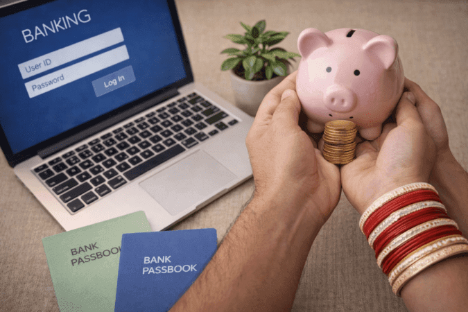 Indian couple holding savings together with bank passbooks and laptop, symbolizing joint financial planning.