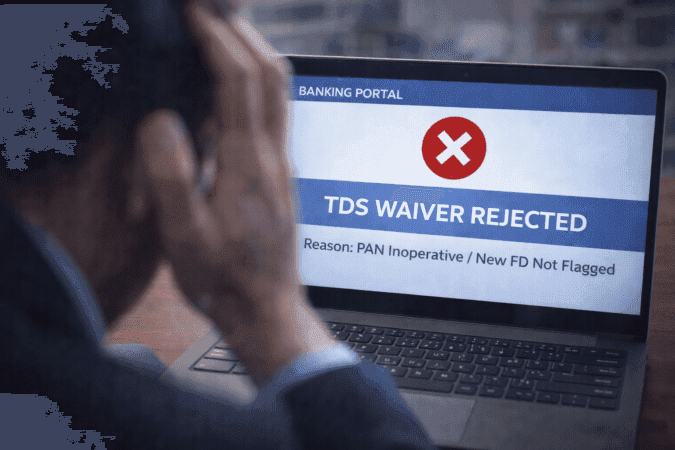 tds-form-rejection-pan-error Bank system error message showing TDS form rejection due to unlinked PAN or new FD.