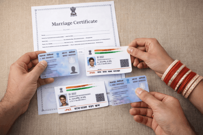 Important documents like Marriage Certificate, Aadhaar, and PAN card being organized for name change after marriage.