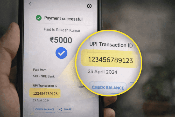 UPI payment receipt screenshot showing UTR number and Transaction ID for complaint.