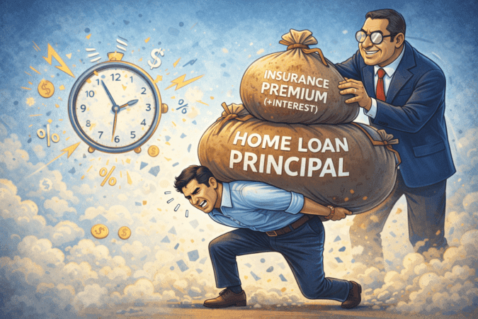 Illustration showing a banker adding insurance premium burden onto a borrower's existing loan load.