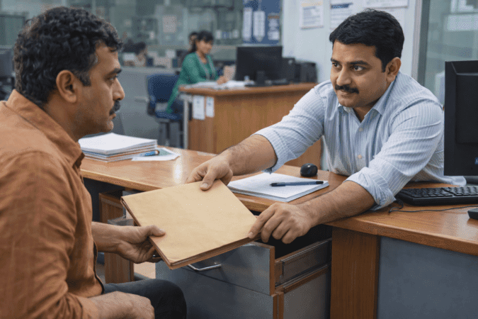 Bank manager unofficially taking original property papers from a small business loan customer in India.