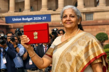 Finance Minister Nirmala Sitharaman presenting the Union Budget 2026 outside the Parliament.