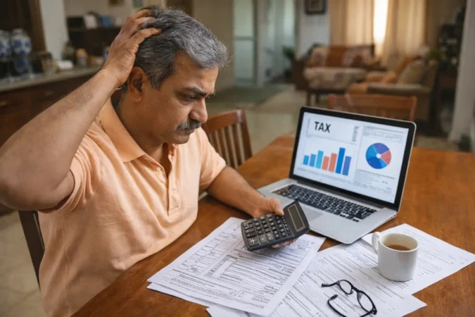 An Indian middle-class salaried person calculating income tax after Budget 2026.