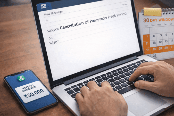 A person sending an insurance cancellation email during the free look period and receiving a refund notification on their phone.