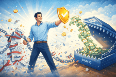 A borrower breaking free from loan document chains and receiving a refund from a bank trap.