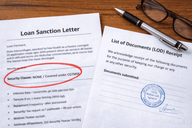 Check loan sanction letter security clause for CGTMSE and demand List of Documents LOD receipt from bank.
