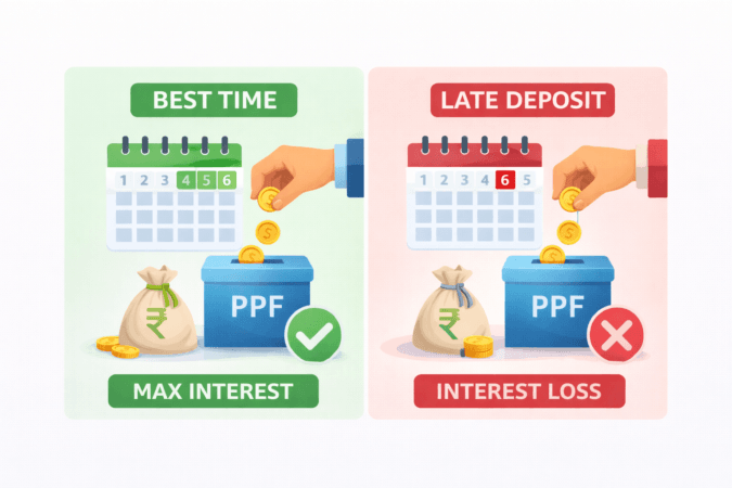 Infographic explaining the PPF 5th of the month deposit rule for maximum interest calculation.