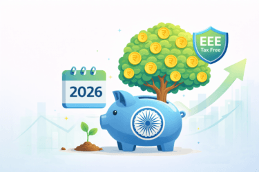 Vector illustration of PPF scheme 2026 showing growth tree, EEE tax shield, and Indian rupee symbols.