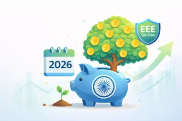 Vector illustration of PPF scheme 2026 showing growth tree, EEE tax shield, and Indian rupee symbols.
