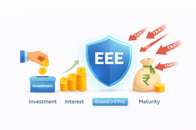Vector illustration showing the EEE shield protecting PPF investment, interest, and maturity from tax.