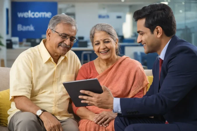 Senior citizens experiencing easy digital banking and Form 15H submission after Budget 2026 reforms.