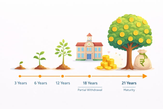 ssy-maturity-and-withdrawal-timeline Vector timeline explaining the 21-year maturity and 18-year partial withdrawal rules of SSY.