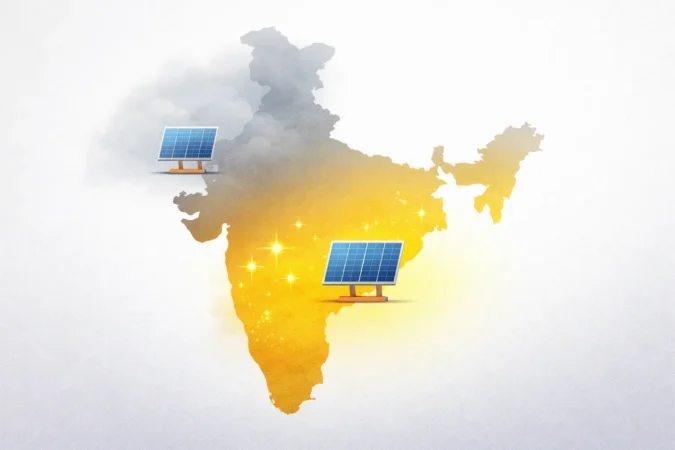 india-solar-generation-regional-vector उत्तर भारत के धुंधले मौसम और दक्षिण भारत की तेज धूप का सोलर उत्पादन पर प्रभाव दिखाने वाला नक्शा।