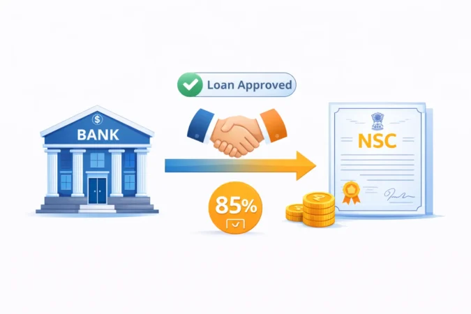 loan-against-nsc-limit-sbi-bob Illustration explaining how to get a bank loan by pledging National Savings Certificates as collateral.