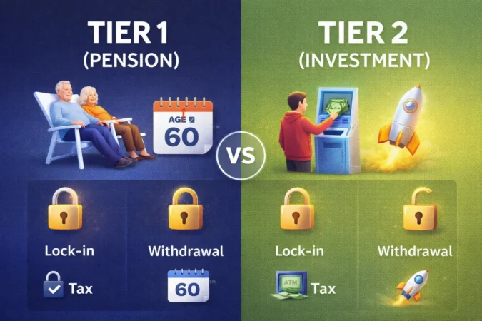 nps-tier-1-vs-tier-2-comparison-hindi एनपीएस टियर 1 (पेंशन) और टियर 2 (निवेश) के बीच मुख्य अंतरों का तुलनात्मक इन्फोग्राफिक।
