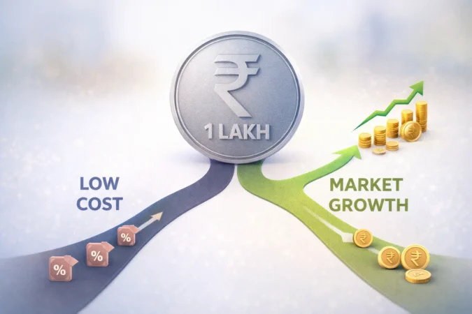 nps-tier-2-one-lakh-investment-example एक लाख रुपये के निवेश पर एनपीएस टियर 2 की कम लागत और मार्केट ग्रोथ का दृश्य उदाहरण।