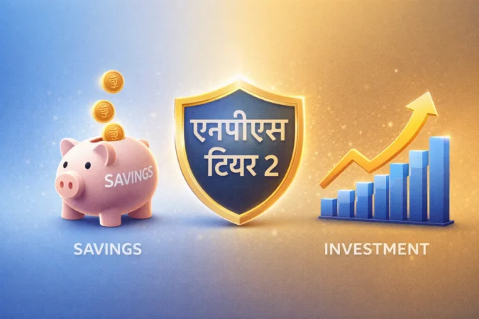 NPS Tier 2 अकाउंट - बचत और निवेश का एक फ्लेक्सिबल विकल्प, हिंदी में ग्राफिक।