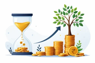 Parent and child looking at financial growth chart with a growing plant, representing NPS Vatsalya scheme 2026.