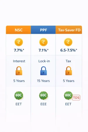 nsc-vs-ppf-vs-tax-saver-fd-comparison-2026 Comparison table between NSC, PPF, and Tax-Saving Fixed Deposits showing interest and lock-in periods.