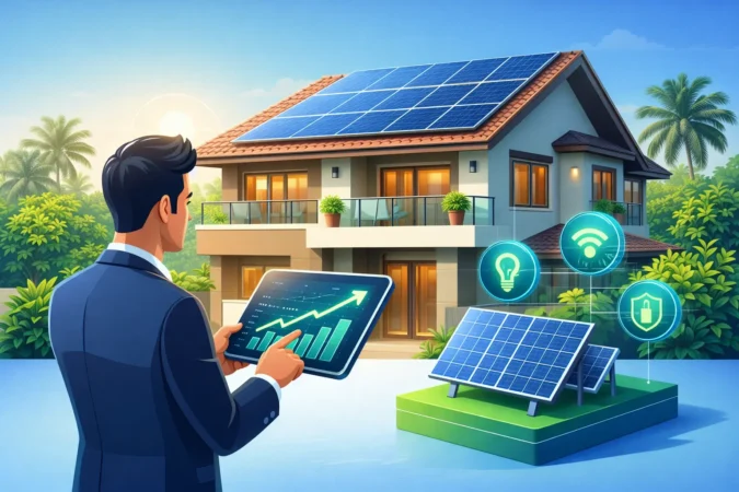 भारतीय घर की छत पर सोलर पैनल और वित्तीय विकास चार्ट का प्रीमियम वेक्टर चित्रण।