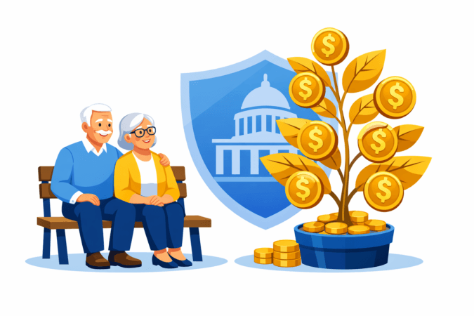 Senior Citizen Saving Scheme 2026 में निवेश करते हुए एक खुशहाल बुजुर्ग दंपति।