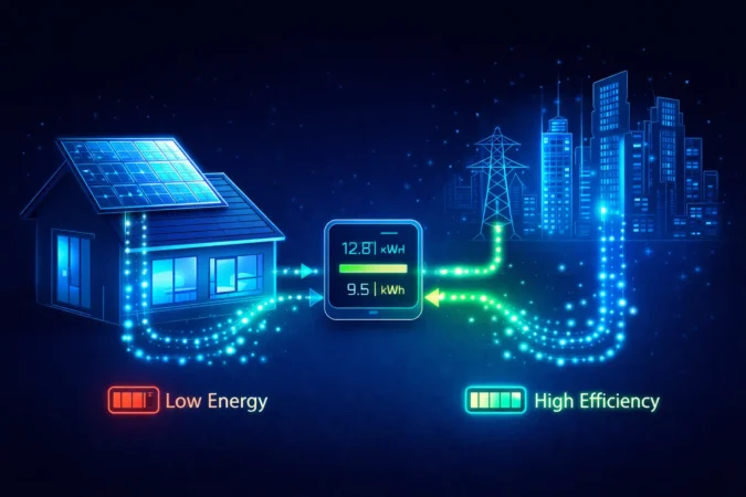 smart-net-metering-grid-flow-vector सोलर पैनल, घर और बिजली ग्रिड के बीच नेट-मीटरिंग के माध्यम से बिजली के आदान-प्रदान का डायग्राम।