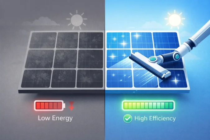 solar-efficiency-cleaning-vector-comparison धूल भरे और साफ सोलर पैनल के बीच बिजली उत्पादन के अंतर का तुलनात्मक चित्र।