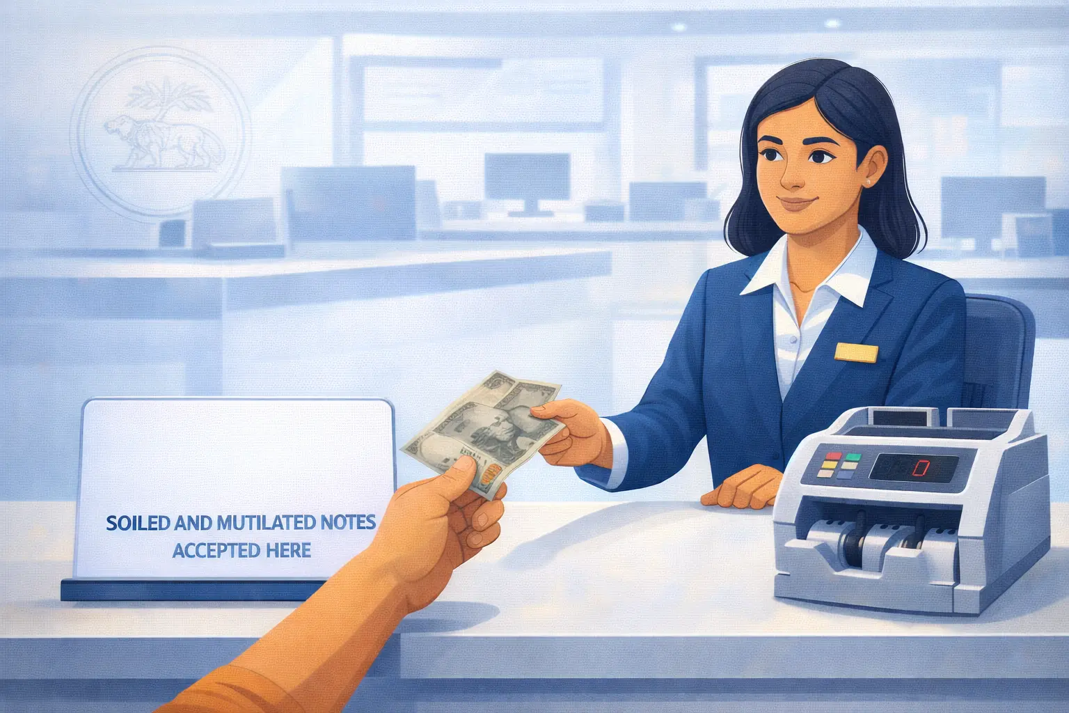 Customer exchanging currency notes at a bank counter with a mandatory notice board.