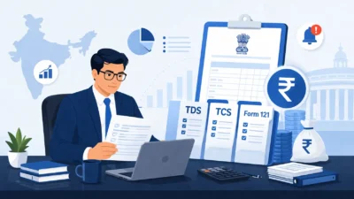 Income Tax Act 2025 changes illustrated with banker reviewing TDS, TCS and Form 121 documents in India