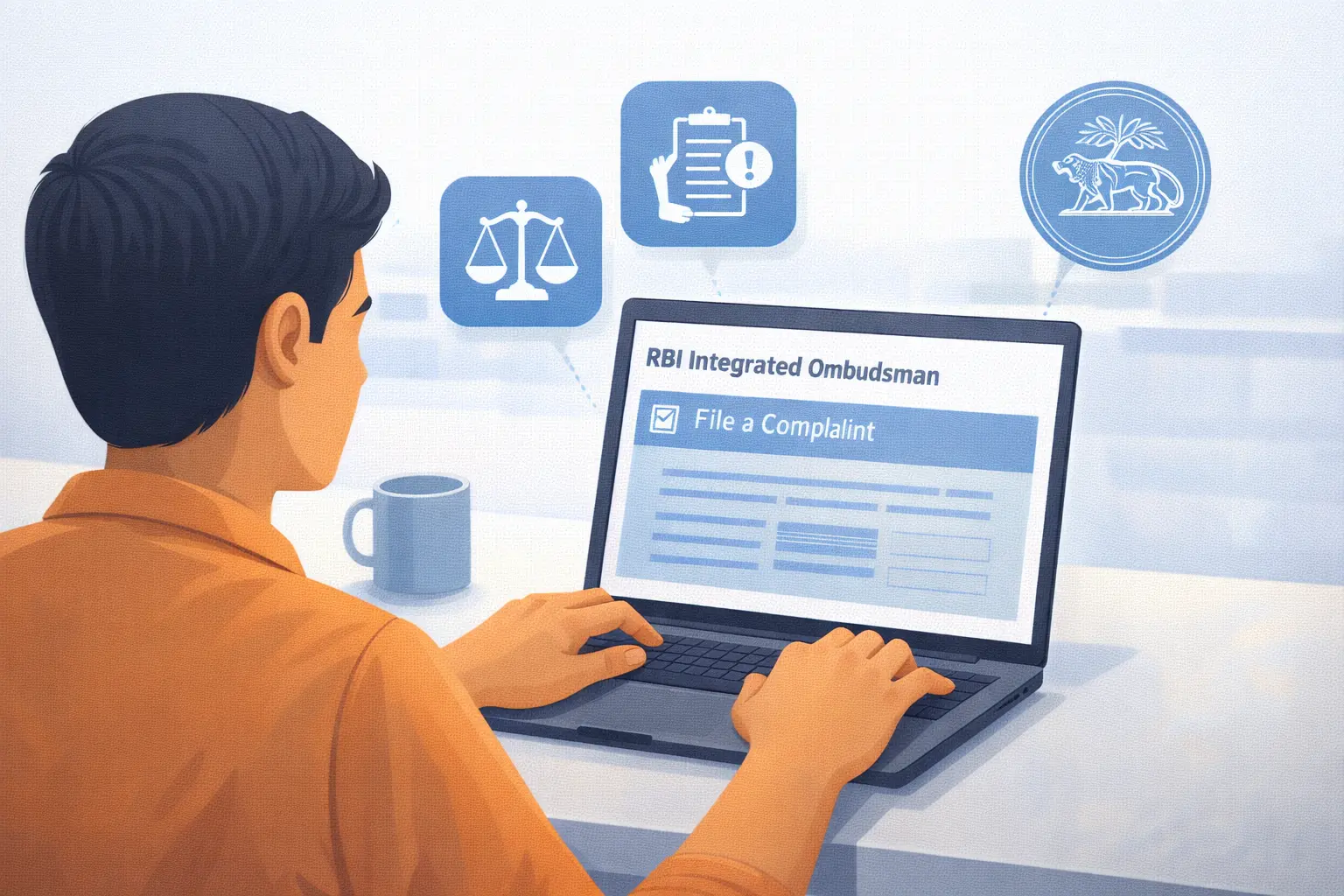 A person filing a digital complaint on the RBI CMS portal (cms.rbi.org.in).