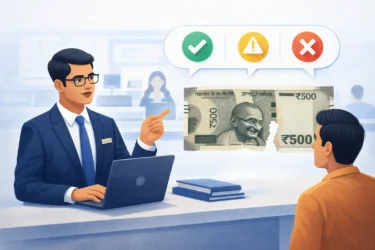 Illustration of exchanging a torn Indian 500 Rupee note for a new one.